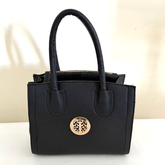 Chic Black Mini Satchel Purse Gold Medallion Faux Leather Handbag - Picture 1 of 9